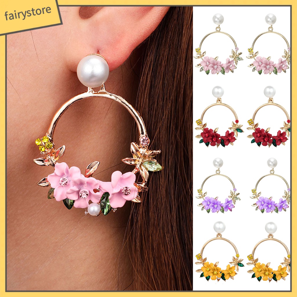 1 Đôi Bông Tai Tròn Đính Đá &amp; Ngọc Trai Giả Hình Hoa Dễ Thương