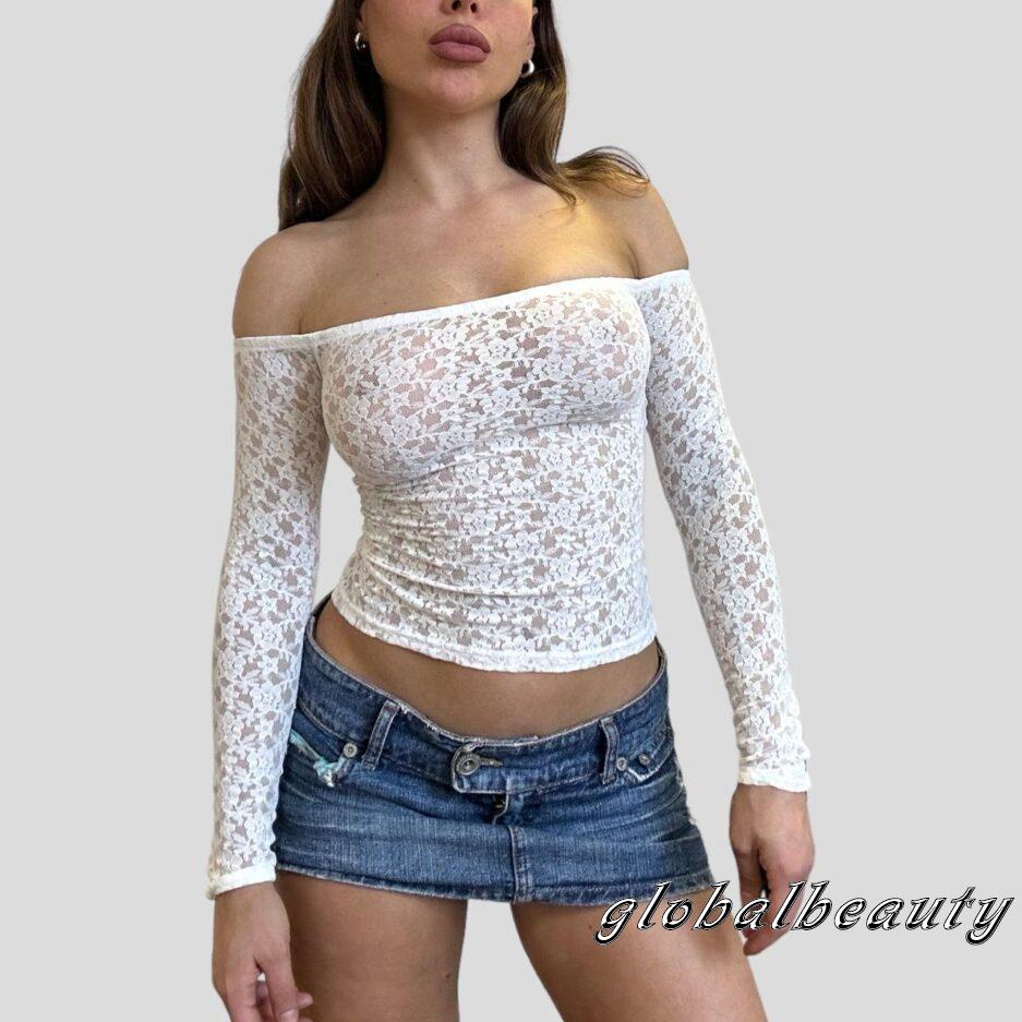 Áo Kiểu Trễ Vai Tay Dài Phối Ren Xuyên Thấu Thời Trang Mùa Thu Cho Nữ