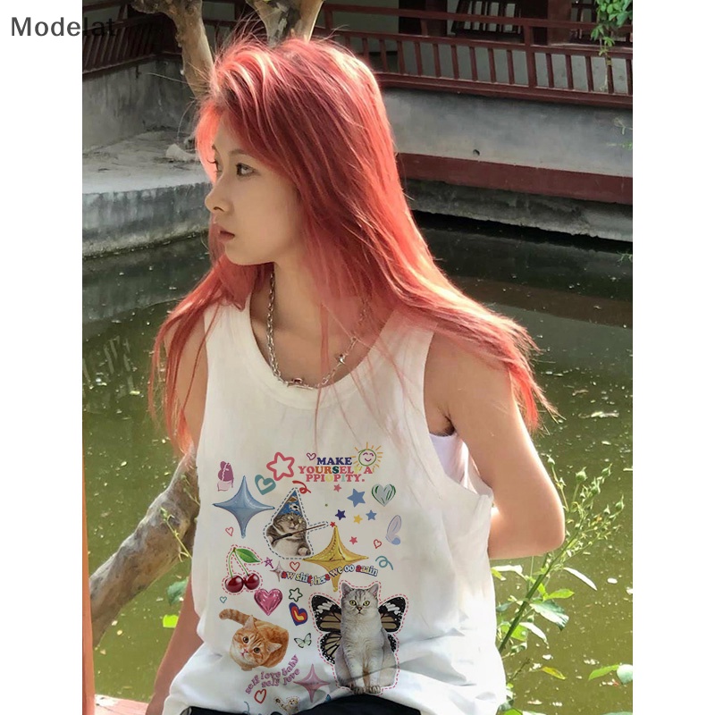 Áo Sát Nách Cổ Tròn Dáng Rộng In Họa Tiết Mèo Kiểu Retro Mỹ Thời Trang Mùa Hè Cho Nữ