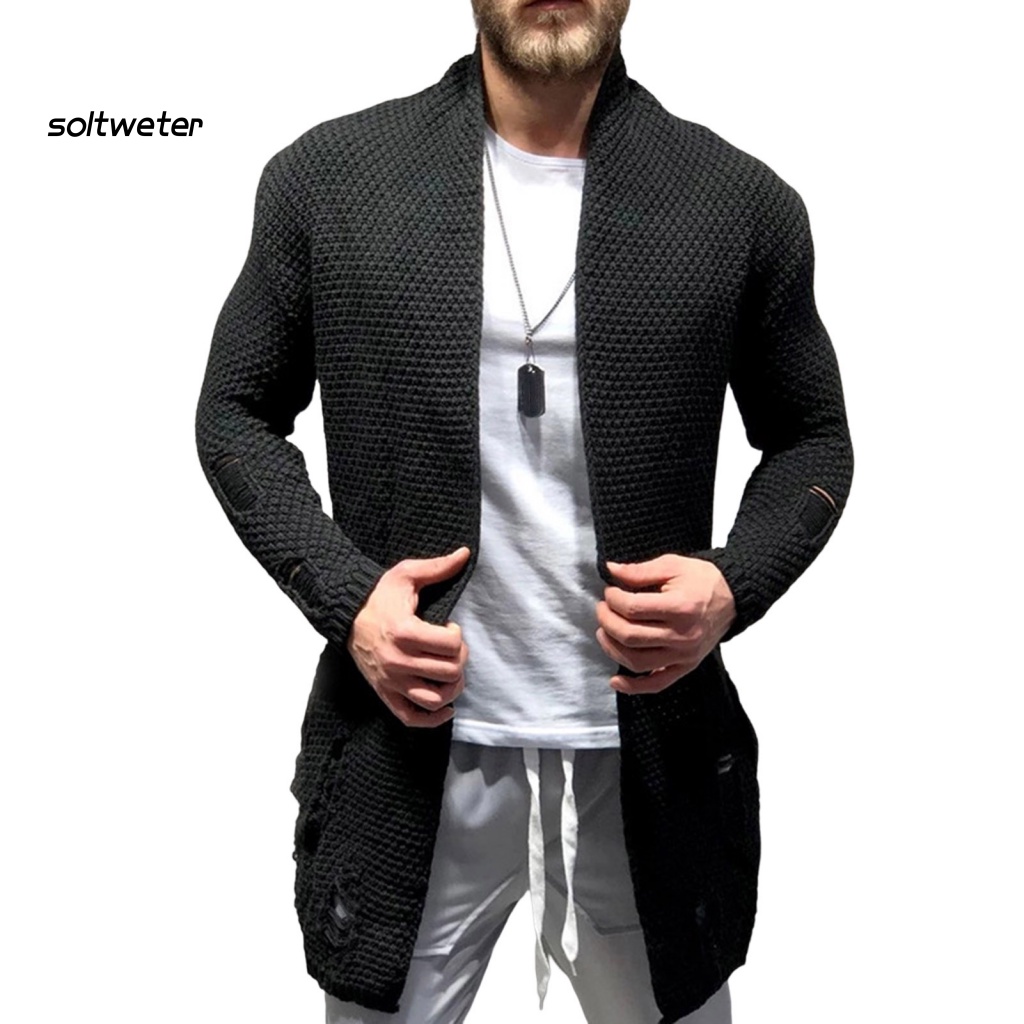 Áo Khoác Sweater Dệt Kim Tay Dài Màu Sắc Trơn Thiết Kế Rách Cá Tính Thời Trang Thu Đông Cho Nam Giới