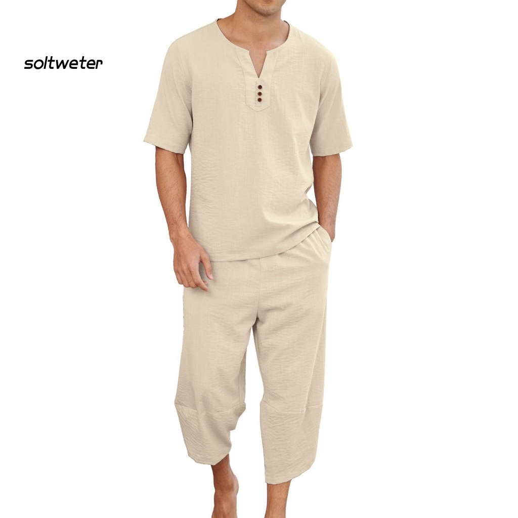 Set Đồ Mùa Hè 2 Món Gồm Áo Thun Cổ Chữ V Lưng Thun + Quần Dài Màu Trơn Cho Nam