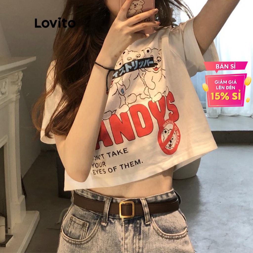 【Gợi ý từ KOL】Áo croptop Lovito in chữ thời trang L02003 (màu / trắng)