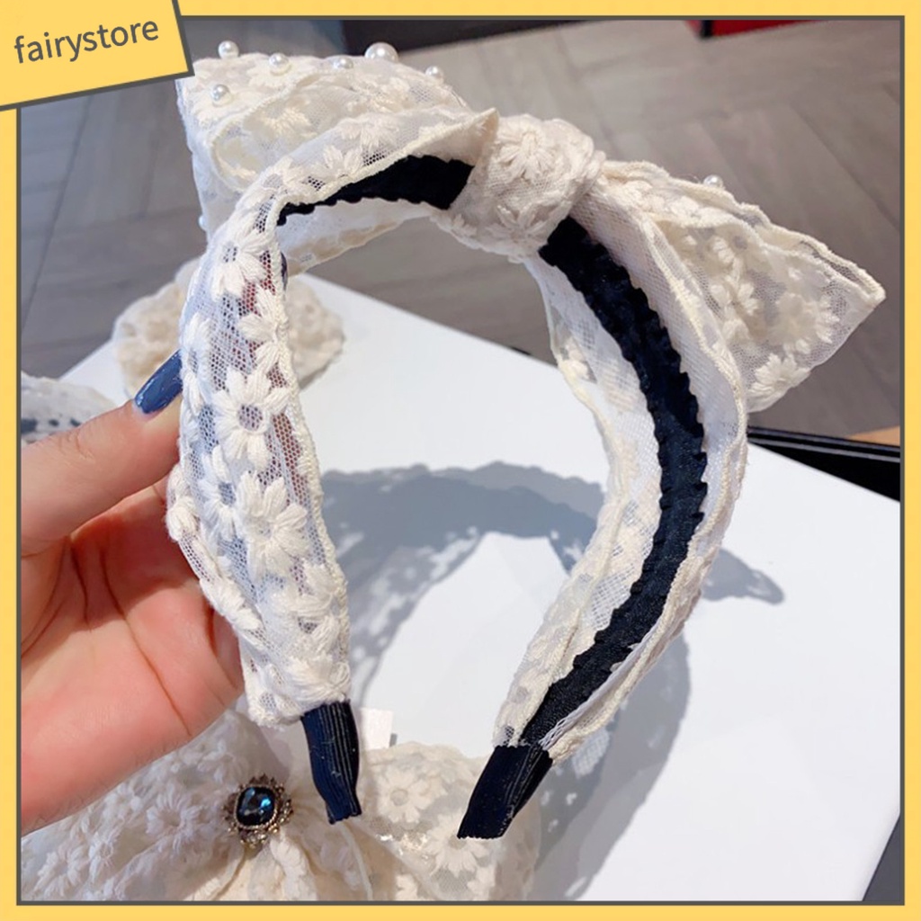 Băng Đô Cài Tóc Bản Rộng Thắt Nút Đính Ngọc Trai Giả Phối Ren Thắt Nơ Xinh Xắn Cho Bạn Gái