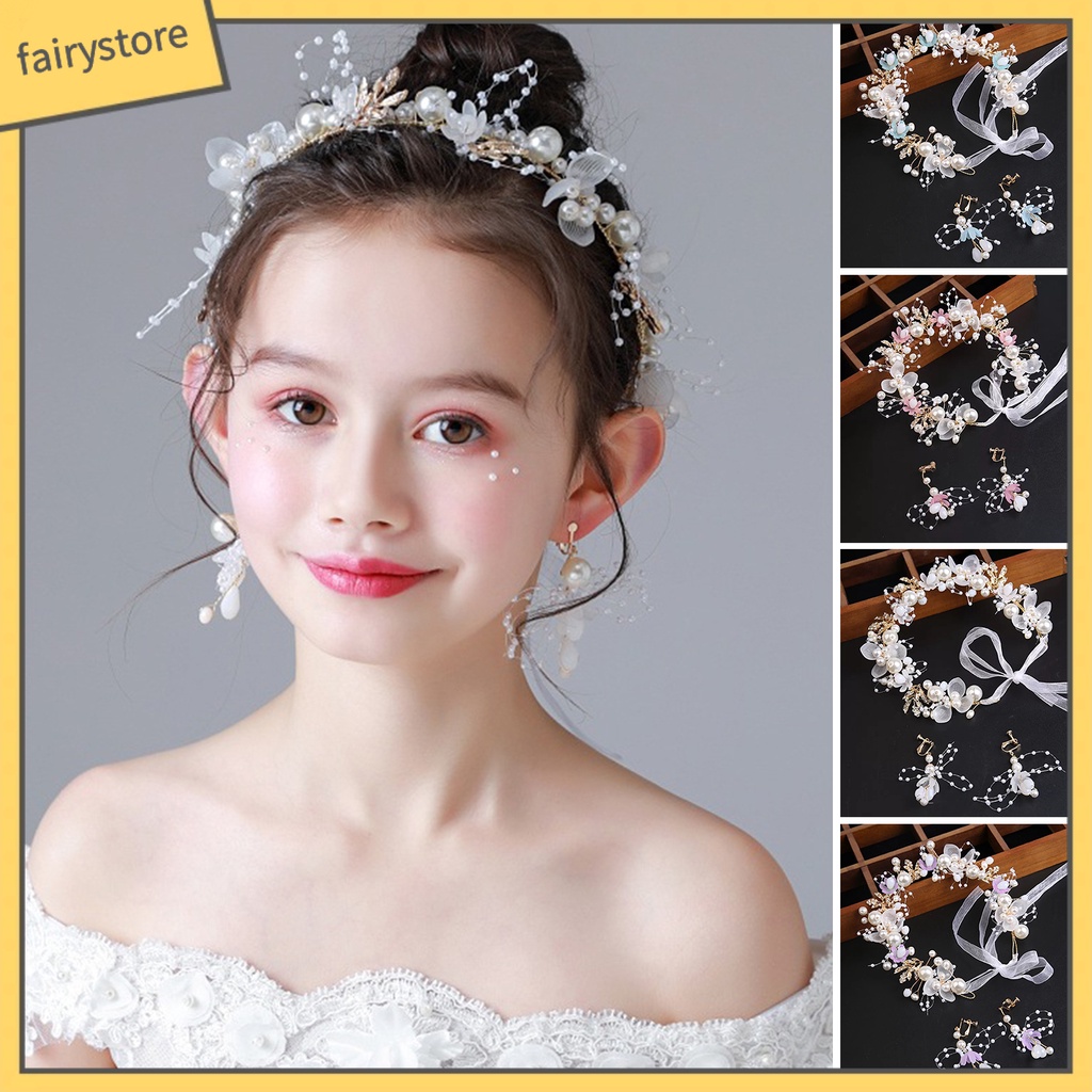 Băng Đô Cài Tóc Hình Vương Miện Công Chúa Đính Hoa Lá Dây Ruy Băng Co Giãn Điều Chỉnh Được Chống Trượt Cho Bé Gái