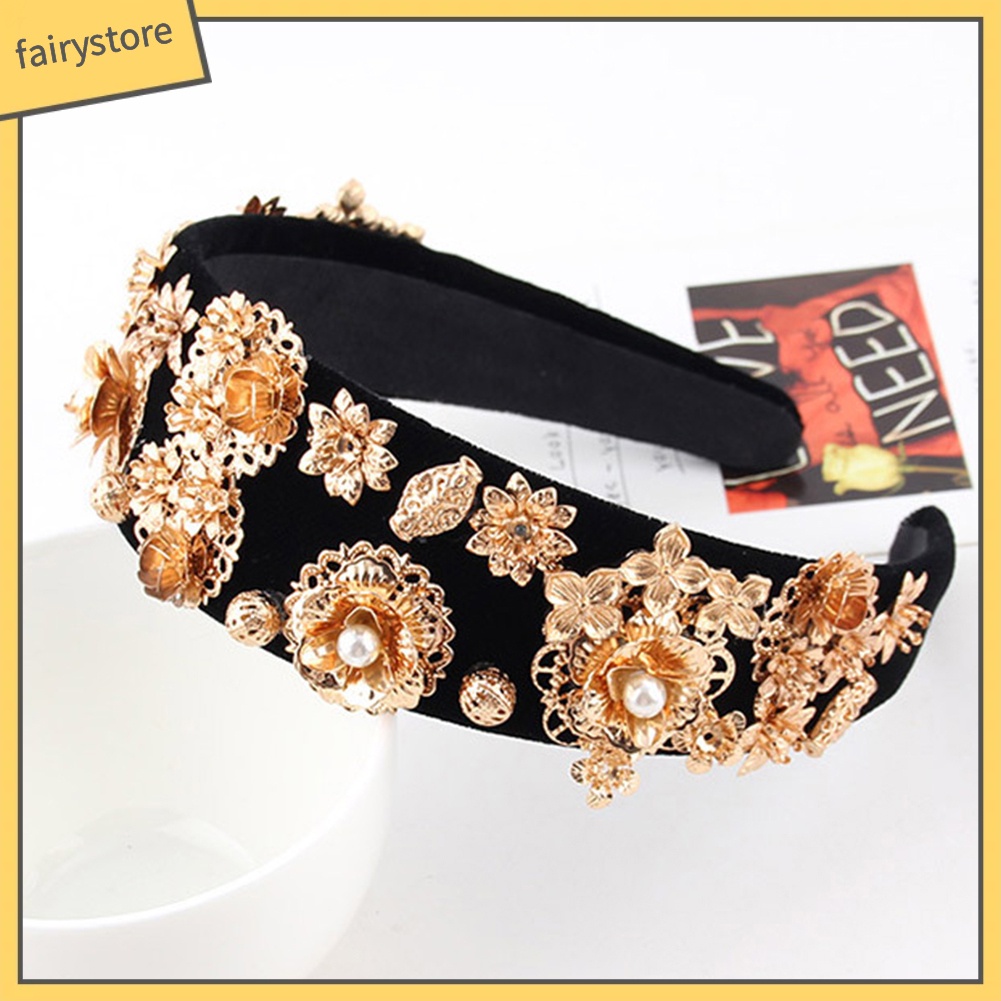 Băng Đô Cài Tóc Bản Rộng Đính Đá &amp; Ngọc Trai Nhân Tạo Cho Nữ
