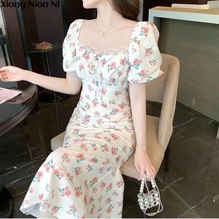 Đầm dài XIANG NIAN NI ôm dáng tay phồng cổ vuông họa tiết hoa ngọt ngào thời trang mùa hè