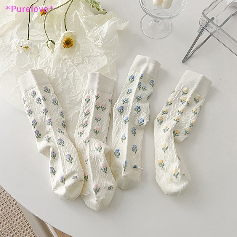 1 Đôi Tất Cotton Trắng In Hình Hoa Tulip Phong Cách Harajuku Nhật Bản Đáng Yêu Dành Cho Nữ Mới