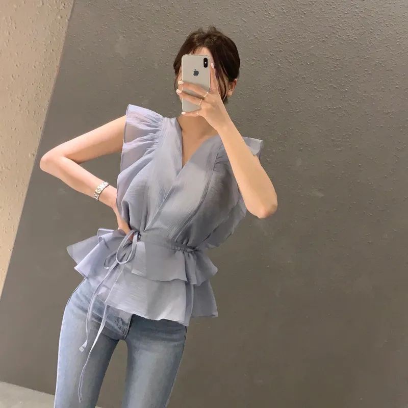 Áo Sơ Mi Cổ Chữ V Không Tay Phối Bèo Thời Trang Mùa Hè Hàn Quốc 2023 Dành Cho Nữ