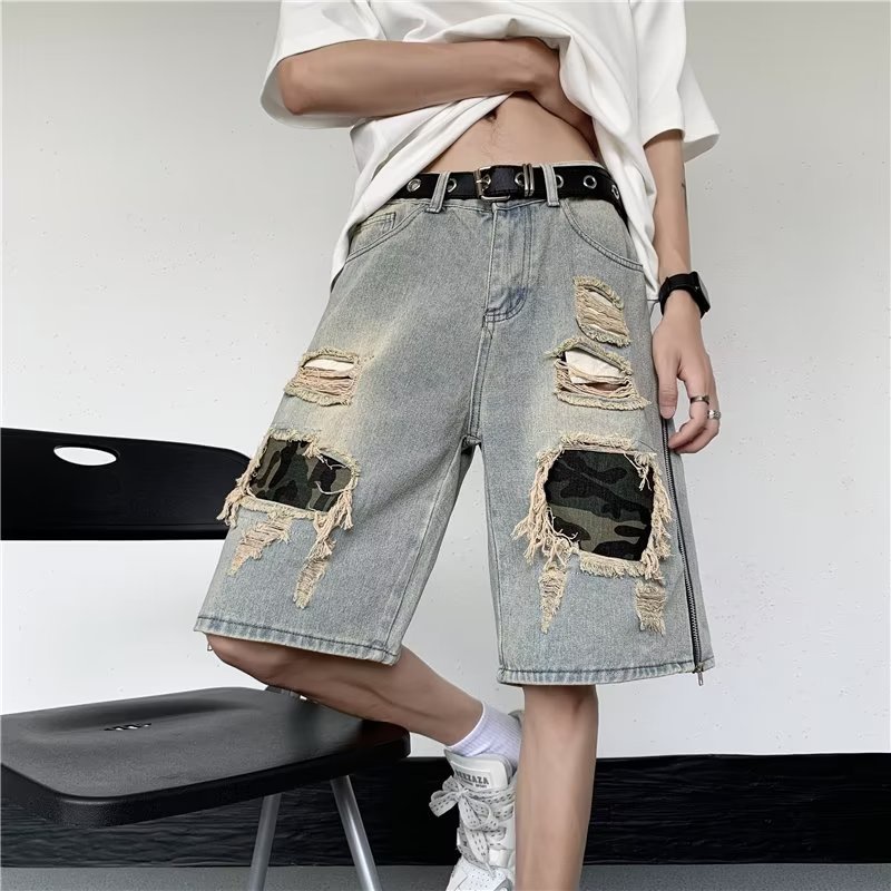Quần Short Denim Họa Tiết Rằn Ri Phong Cách Đường Phố Mùa Hè Cho Nam