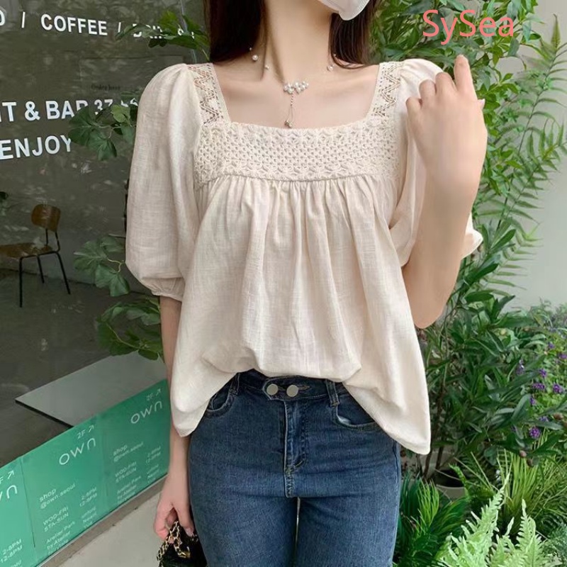 Áo Kiểu Tay Phồng Cổ Vuông Phong Cách Pháp Thanh Lịch Cho Nữ