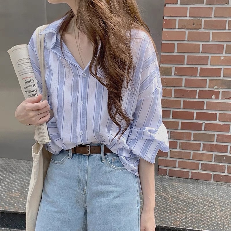 Áo Sơ Mi Cotton Dài Tay Họa Tiết Sọc Dọc Phong Cách Hàn Quốc Cho Nữ
