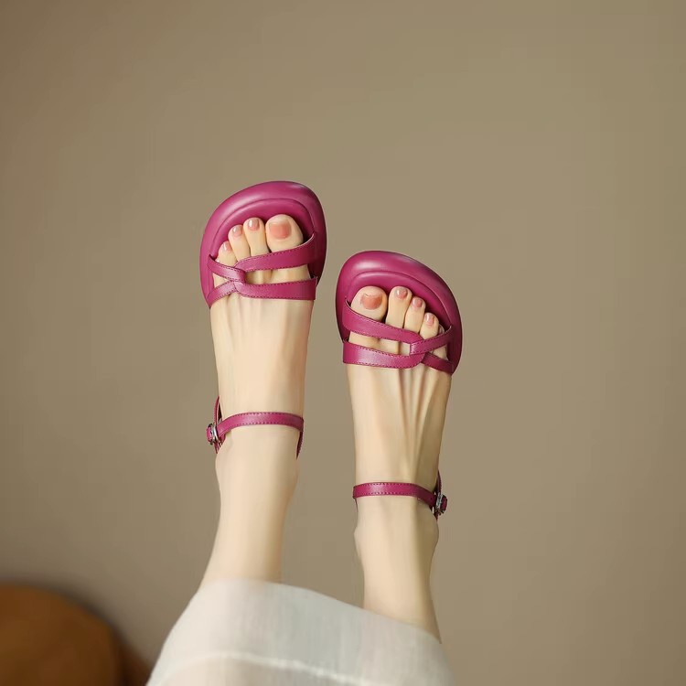 Duoya Tóc Thẳng ~ [Hàng Có Sẵn] Giày Sandal Cao Gót Hở Ngón Đế Dày Bằng Da Mềm Cài Khóa Phong Cách Roman Dễ Phối Đồ Cho Nữ Miễn Phí Vận Chuyển