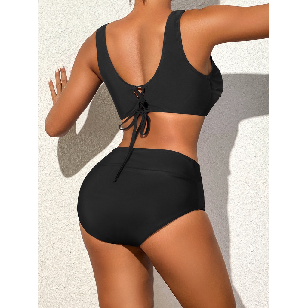 Bộ Đồ Bơi Hai Mảnh Màu Trơn Thiết Kế Dây Cột Dành Cho Nữ