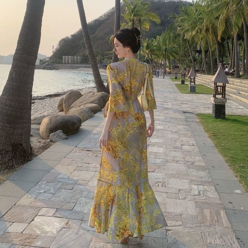 Đầm Dáng Ôm In Họa Tiết COZOK Phong Cách Cổ Điển Thời Trang Xinh Xắn Cho Nữ