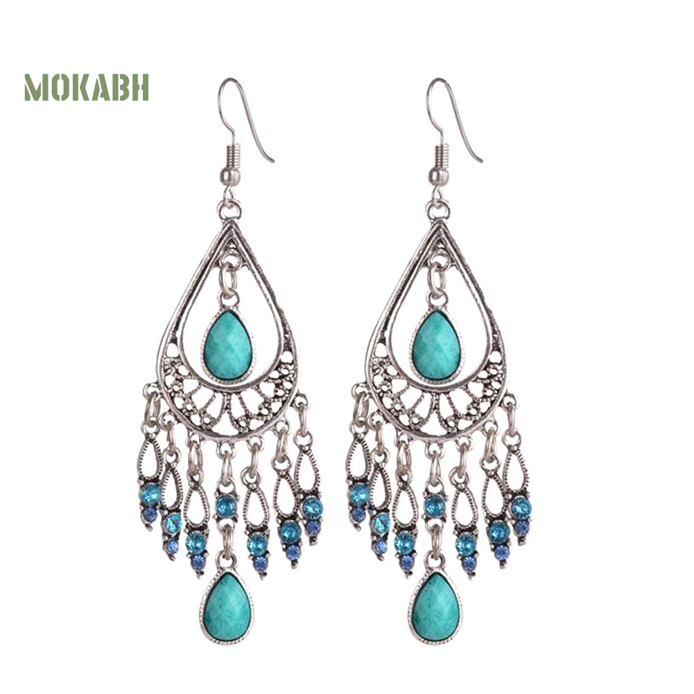 [Mok Abh] Bông Tai Móc Hình Giọt Nước Có Đính Đá Theo Phong Cách Bohemian