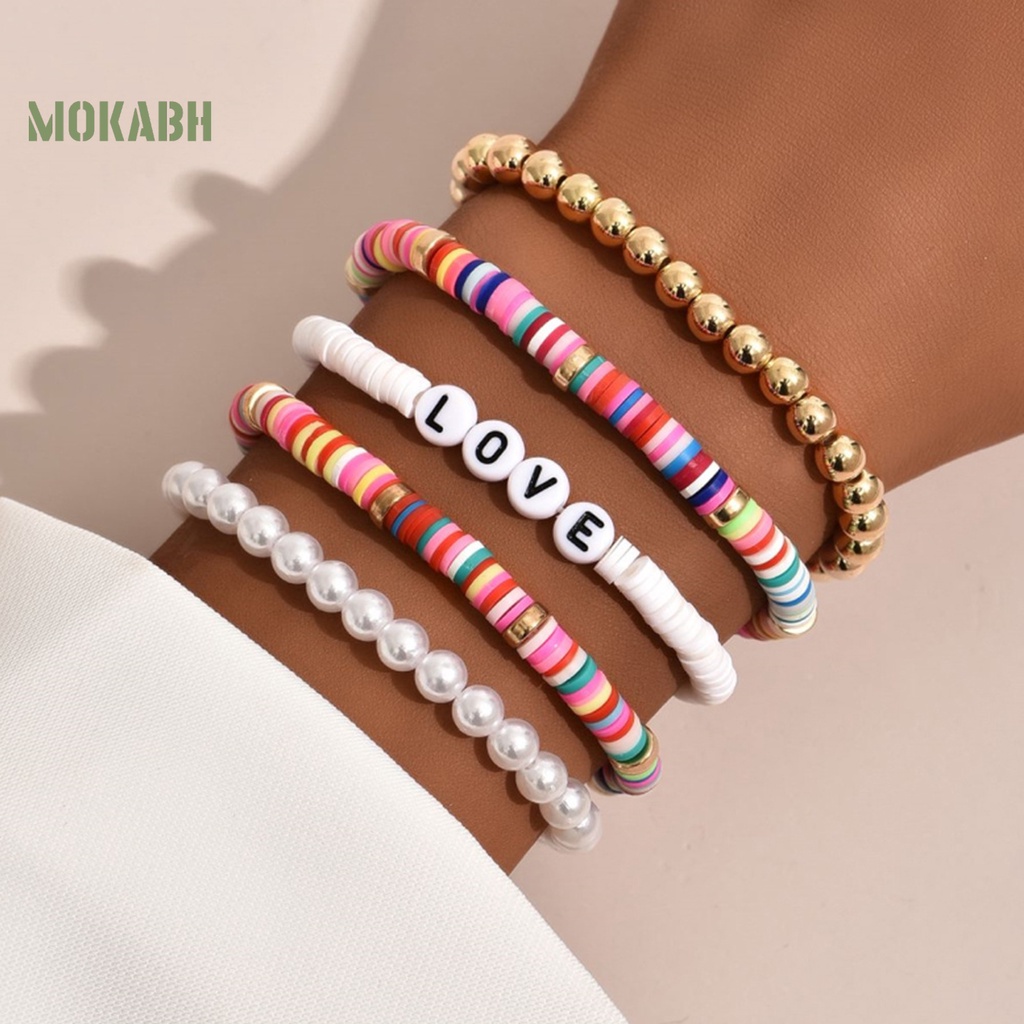 5 Vòng Tay Hạt Đất Sét Polymer Nhiều Màu Sắc Họa Tiết Chữ Love Phong Cách Bohemian