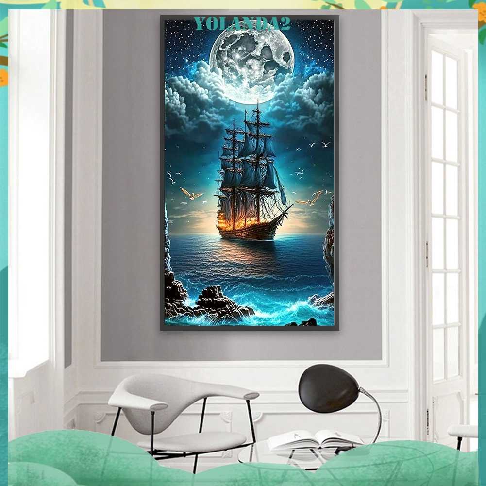 Tranh Đính Đá Kim Cương Toàn Bộ 5D DIY Hình Vẽ Thuyền Buồm Trang Trí Nhà Cửa