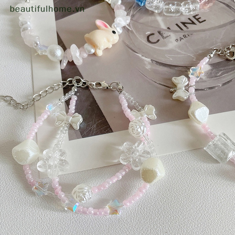 Vòng Tay Chuỗi Hạt Co Giãn Màu Kẹo Ngọt Họa Tiết Hoa Và Thỏ Hoạt Hình Dễ Thương Làm Thủ Công DIY Cho Nữ [beauty]