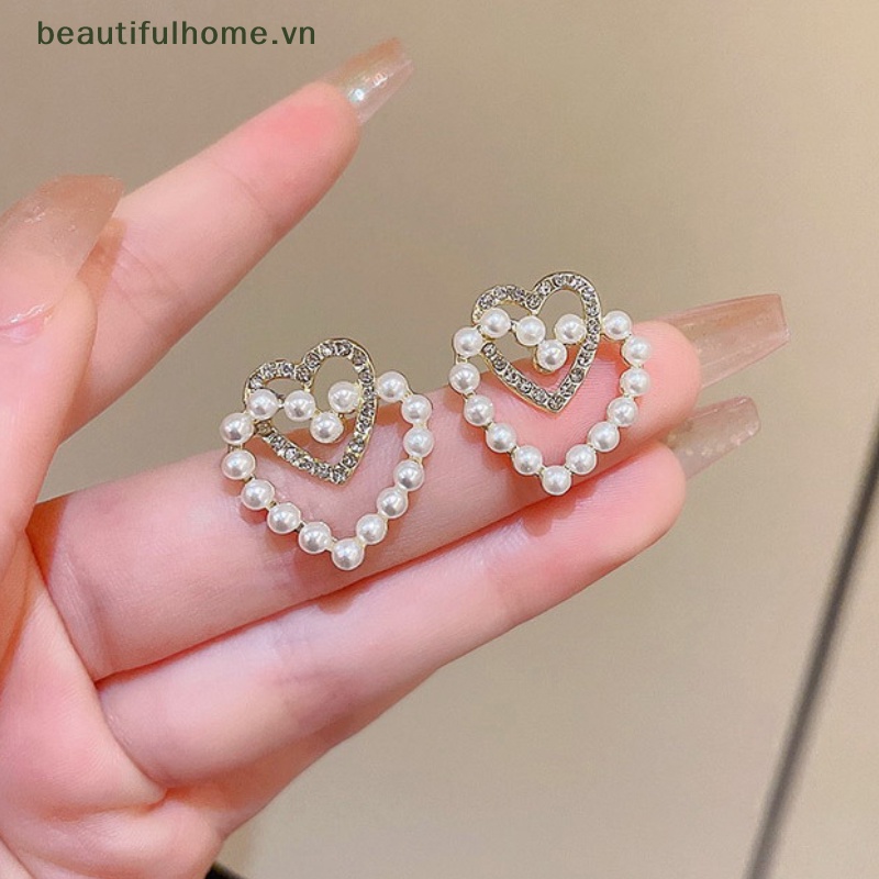 Bông Tai Hình Trái Tim Đính Ngọc Trai Giả Xinh Xắn