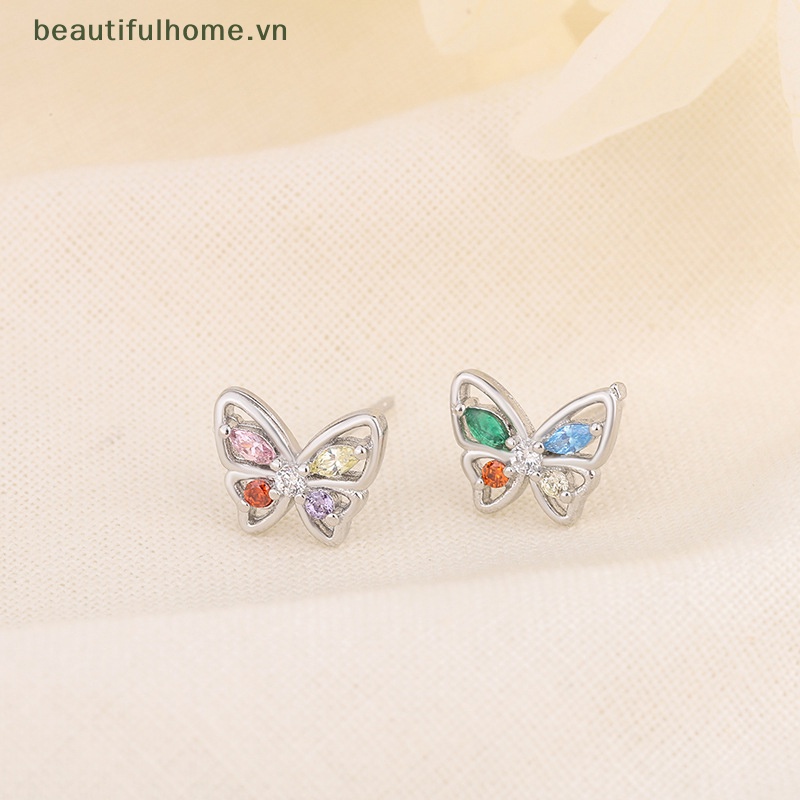 Bông Tai Hình Bướm Rỗng Đính Đá Zircon Nhiều Màu Sắc Dễ Thương Cho Nữ