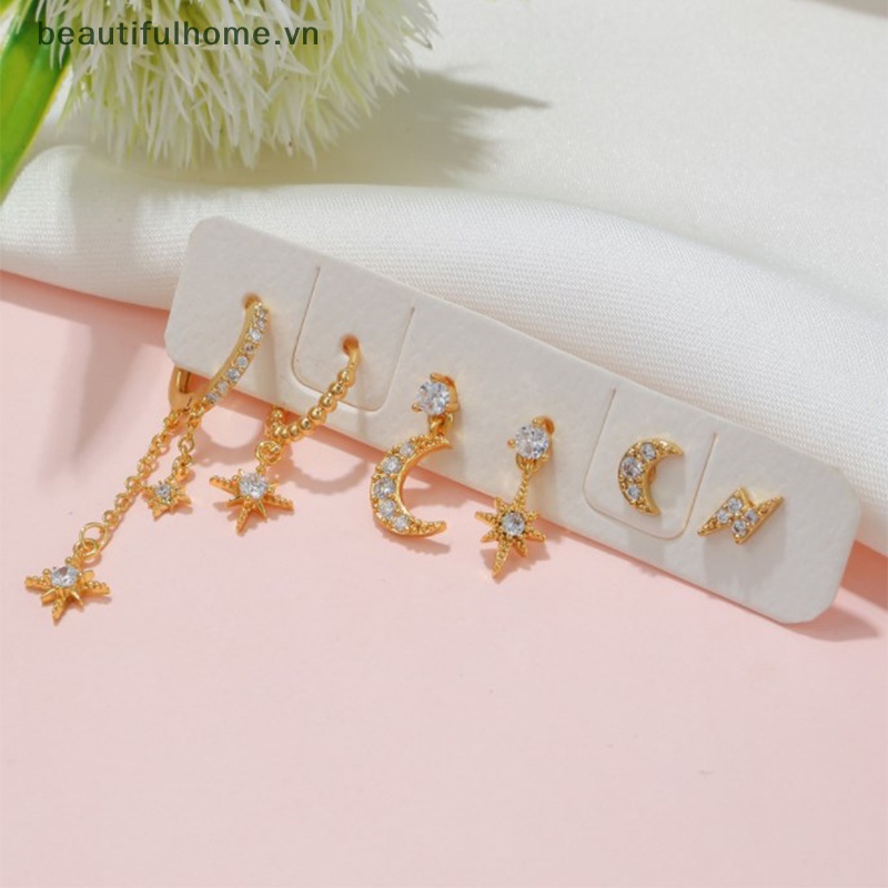 Bộ 6 Bông Tai Hình Mặt Trăng / Ngôi Sao Đính Đá Zircon Nhiều Màu Sắc Dành Cho Nữ