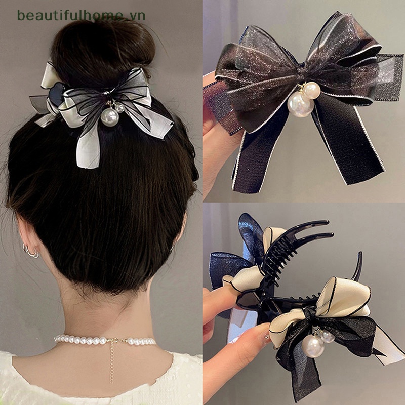 Kẹp Tóc Nơ Ren Đính Ngọc Trai Phong Cách Hàn Quốc Thời Trang Cho Nữ