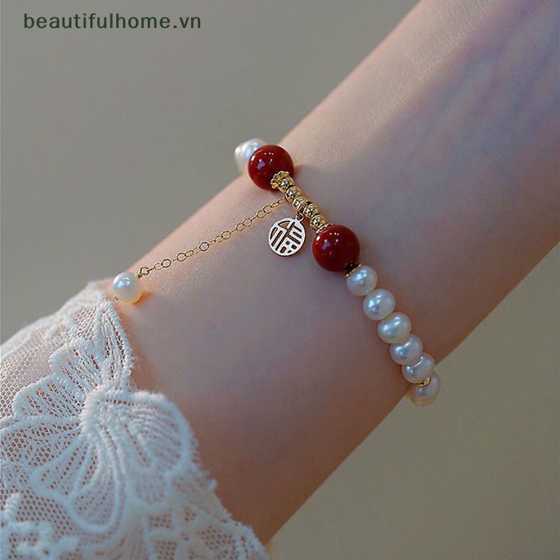 [beautifulhome] Vòng Tay Ngọc Trai Màu Xanh Lá / Đỏ Phong Cách Trung Hoa Cổ Điển Dễ Thương Làm Quà Tặng Trang Sức Cho Nữ [beauty