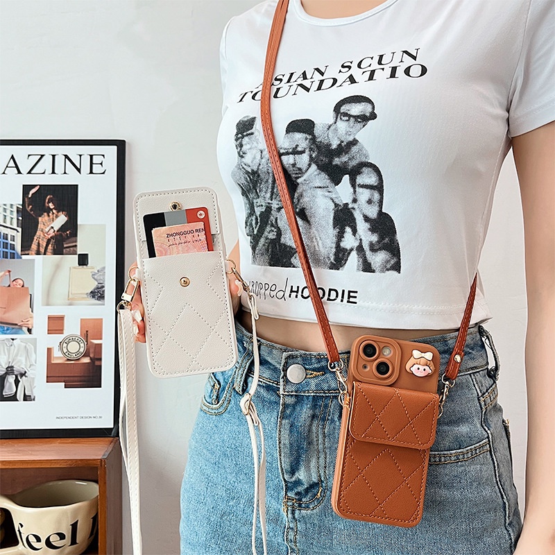 Ốp Điện Thoại Da Kèm Ngăn Đựng Thẻ & Dây Đeo Chéo Cho IPhone 13 12 Mini 14 Pro Max 11 XR XS X 7 8 Plus SE 2020