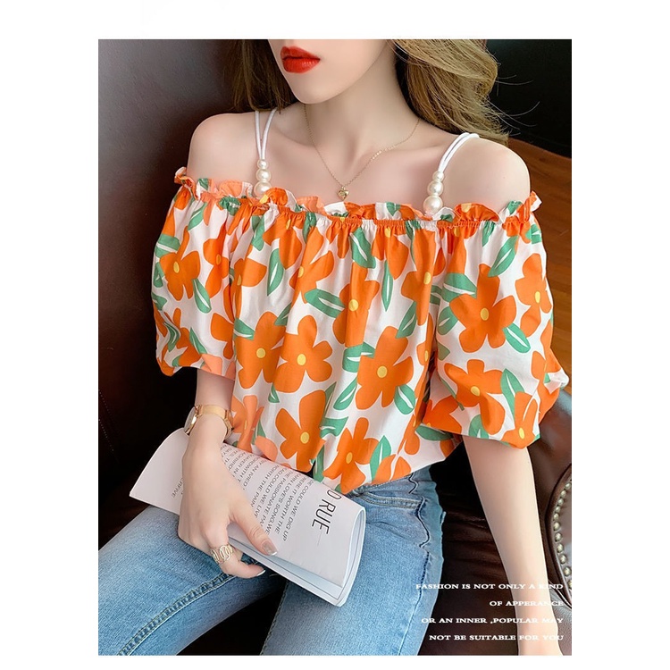 Áo Kiểu Trễ Vai Tay Ngắn Họa Tiết Hoa Phong Cách Pháp Thời Trang Mùa Hè Mới Cho Nữ HZFWC1178