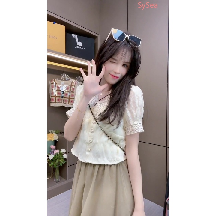 Áo Kiểu Tay Phồng Cổ Chữ V Phối Ren Phong Cách Retro Pháp