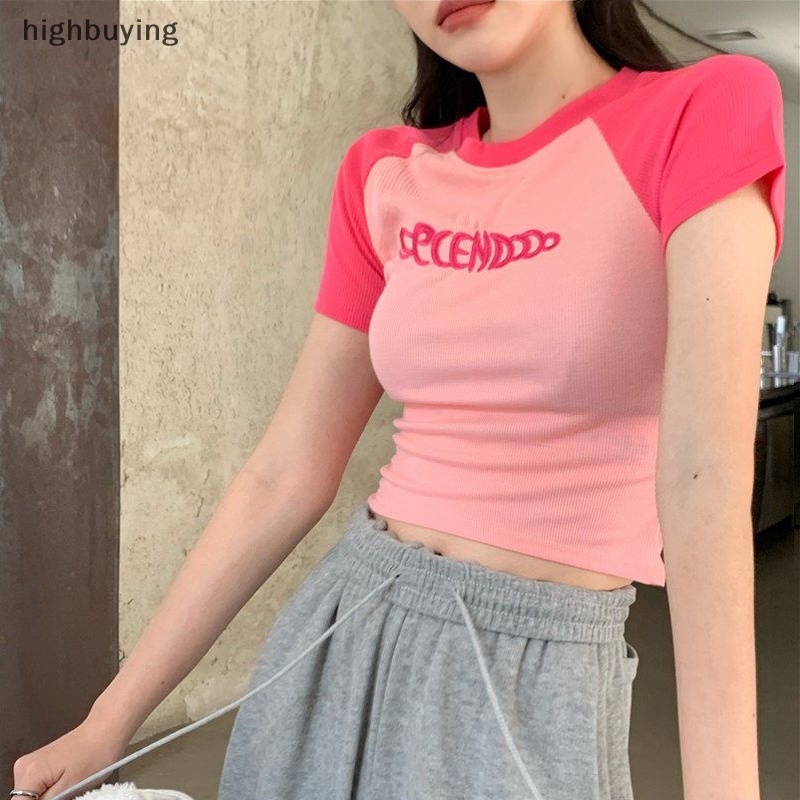 Áo Thun Lửng Ngắn Tay Thêu Chữ Cá Tính Cho Nữ