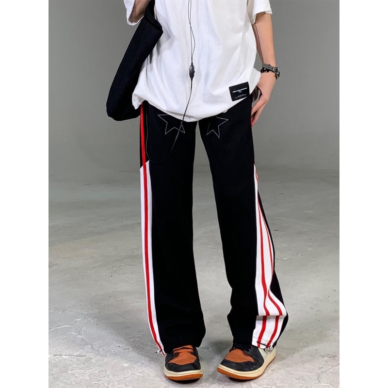 Quần Dài Ống Rộng Màu Đỏ Đen Phong Cách Retro Mỹ 2023 Cho Nam