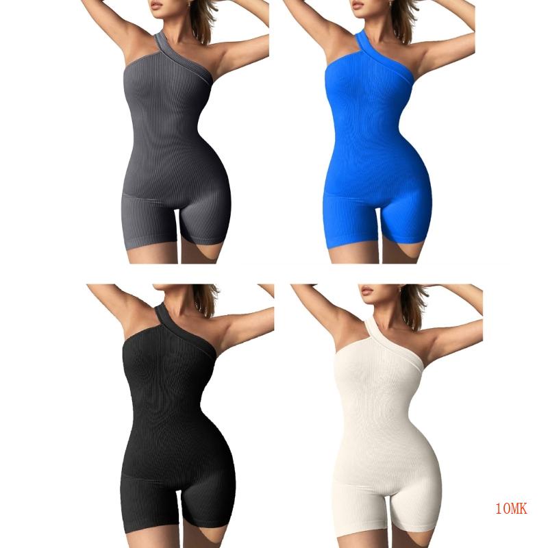 Xiangbao Bộ Áo Liền Quần Thể Thao Ngắn Không Tay Một Bên Vai Ôm Dáng Màu Trơn Cho Nữ