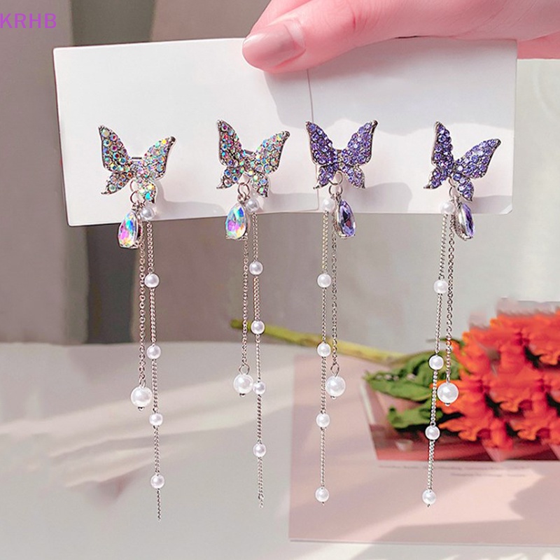 Khuyên Tai Dáng Dài Mặt Hình Bướm Đính Đá Pha Lê Tím Mới