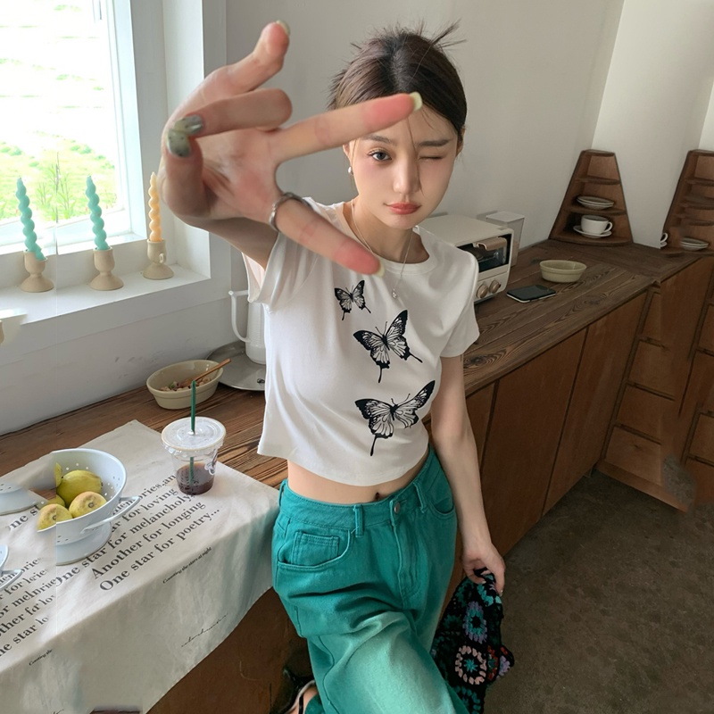 Áo Croptop Dệt Kim Tay Ngắn In Họa Tiết Quyến Rũ Phong Cách Hàn Quốc Cho Nữ