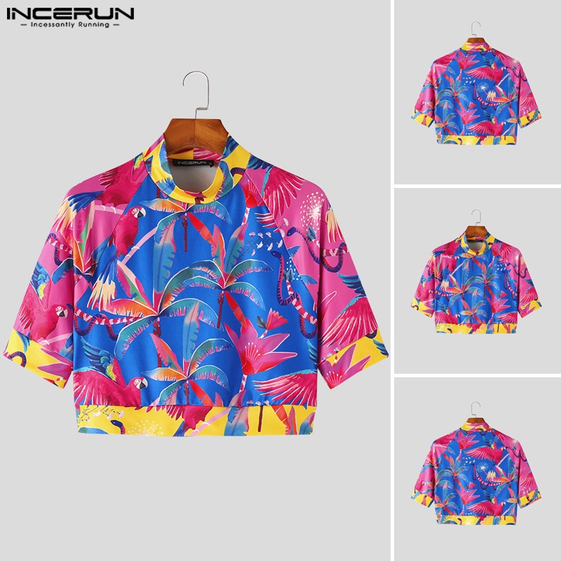 INCERUN Áo Thun Ngắn Tay Cổ Cao Thời Trang Dành Cho Nam