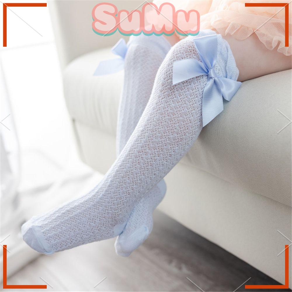 Vớ Lưới Cotton Mềm Mại Thoáng Khí Cao Đến Đầu Gối Màu Trơn Đính Nơ Phong Cách Hoàng Gia Cho Bé Sơ Sinh