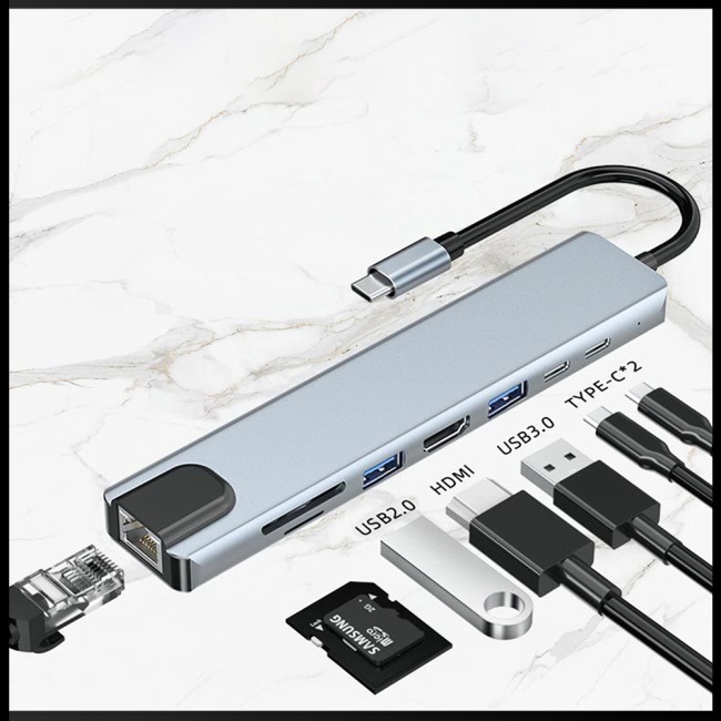 Bộ Chia Cổng Usb Type-c 8 Trong 1 Đa Năng Bằng Hợp Kim Nhôm Cho Notebook