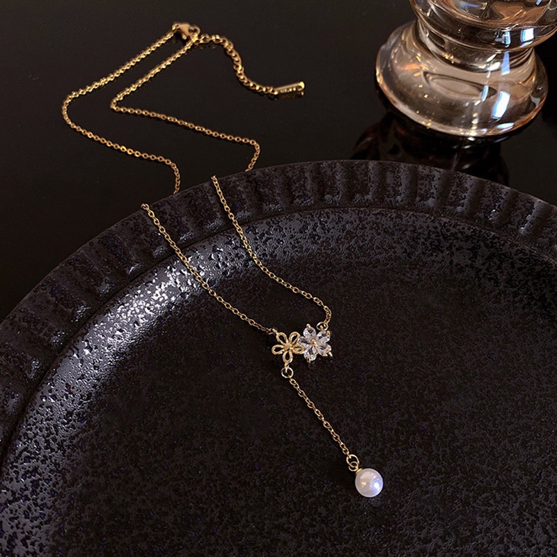 Ygt Vòng cổ Bằng Thép Titan Đính Ngọc Trai Và Đá Zircon Hình Hoa Tua Rua Đơn Giản Ngọt Ngào Thời Trang Cho Nữ