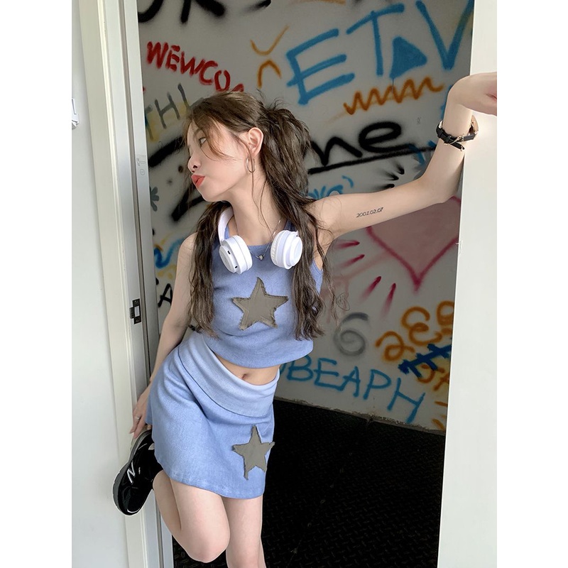 Bộ Áo Thun Không Tay + Chân Váy Ngắn Lưng Cao Thời Trang Mùa Hè Xinh Xắn Cho Nữ Y2K