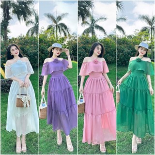 Đầm maxi đi biển chất lụa 100d cao cấp mix bông cổ 5 màu rực rỡ sắc hè - Shop Thanh Thủy
