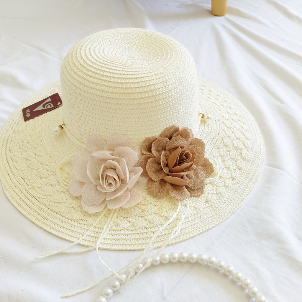 Nón cói đi biển nữ vành rộng đính ngọc kết 2 bông hoa vintage chất cói dày dặn dập ly tỉ mỉ(hình chụp thật)