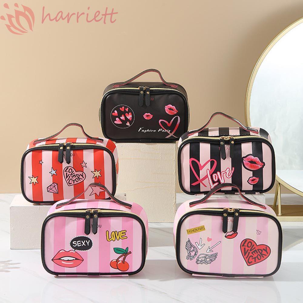 Túi Đựng Mỹ Phẩm Bằng Da PU Chống Thấm Nước Họa Tiết Kẻ Sọc Và Trái Tim