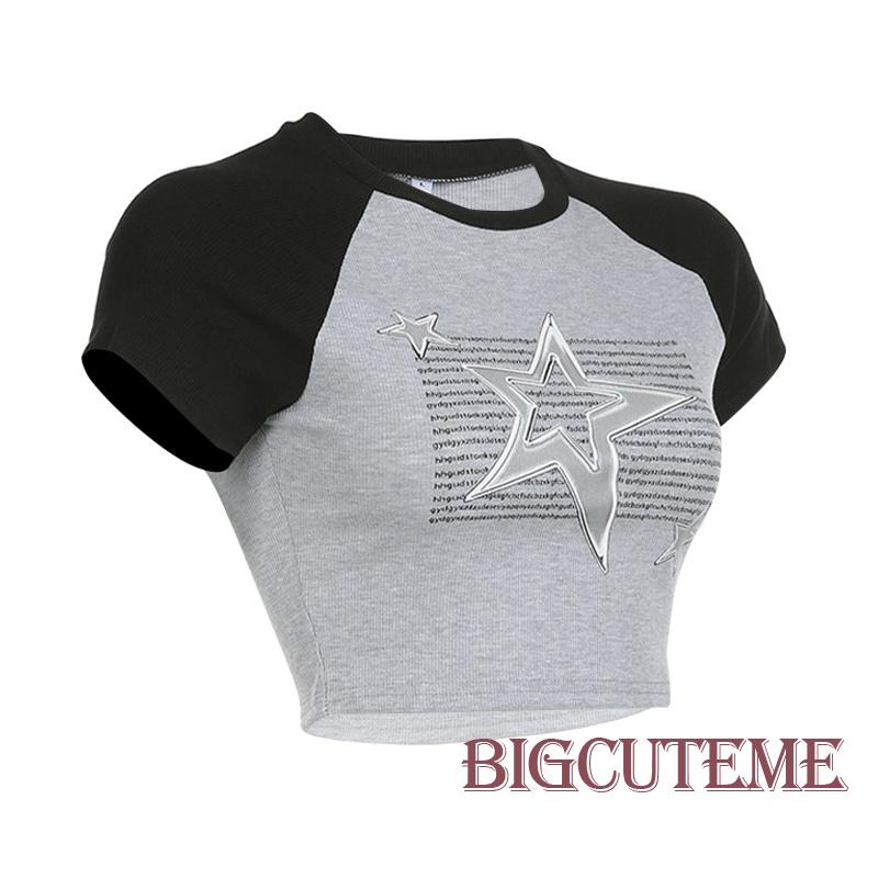 [] - Áo Crop Top Tay Ngắn Cổ Tròn In Hình Ngôi Sao Thời Trang Mùa Hè Ôm Dáng Vừa Vặn Đường Phố Màu Xám Cho Nữ