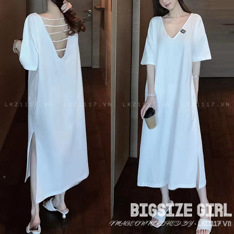 Váy đầm nữ Bigsize Đầm thun suông dáng dài tay ngắn cổ chữ v hở lưng xẻ tà trắng mùa hè Phong cách Hàn Quốc Thời Trang đẹp