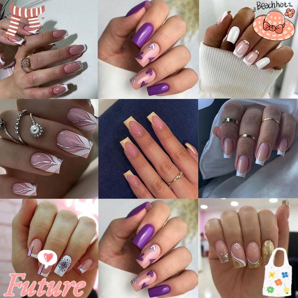 Set 24 Móng Tay Giả Có Thể Tháo Rời Hình Trái Tim Màu Tím DIY