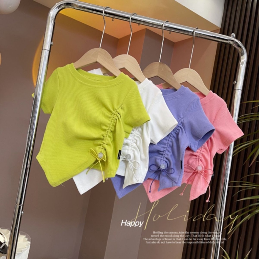 Áo Thun Mùa Hè 2023 Tay Cộc Rút Dây Màu Trơn Dễ Phối Đồ Phong Cách Mới Cho Nữ
