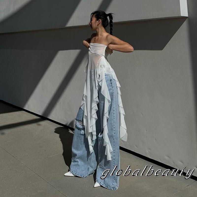 Áo Ống Nhún Bèo Hở Lưng Phối Tua Rua Phong Cách Đường Phố Cho Nữ