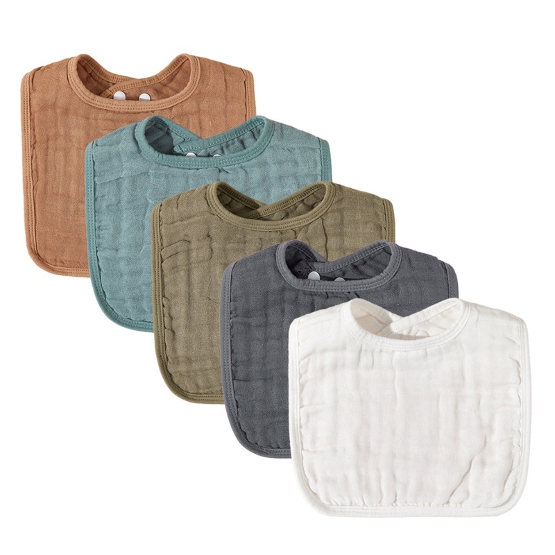 Haha Bộ 5 Yếm Ăn Cotton Thoáng Khí Màu Trơn Cho Bé