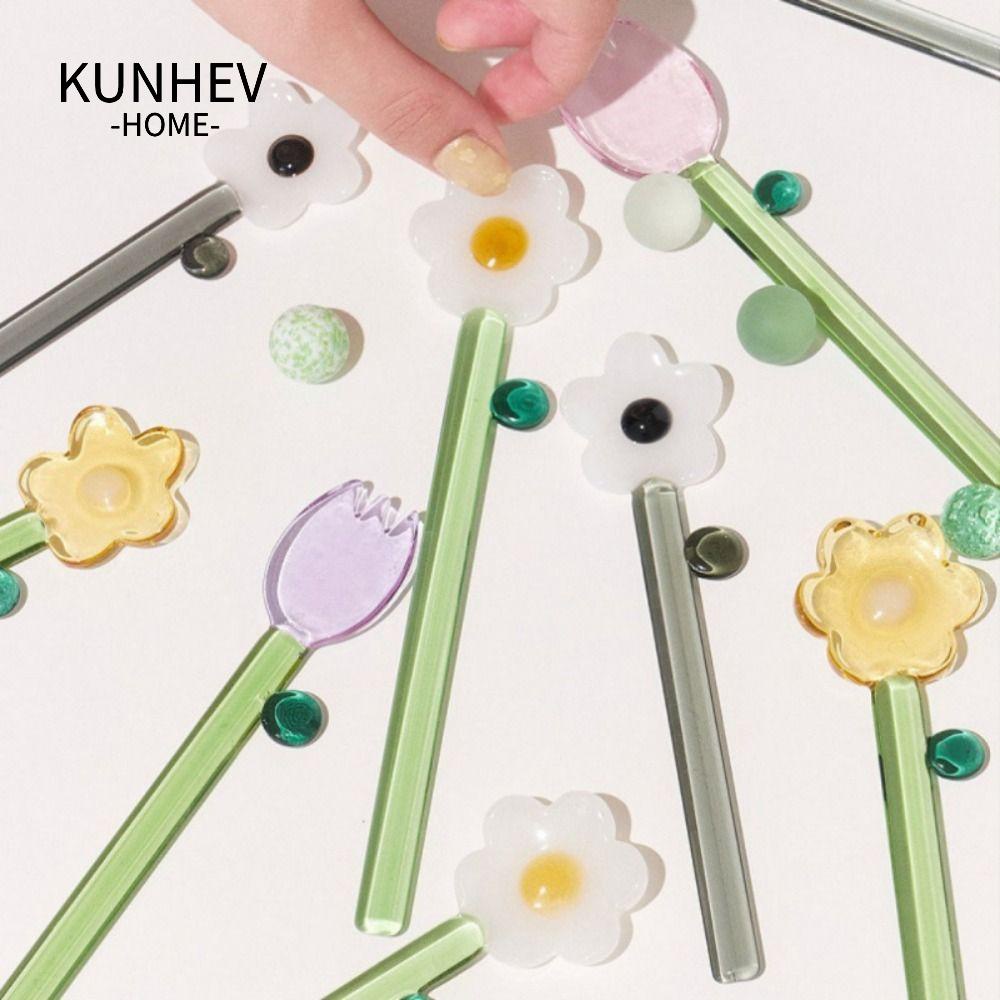 KUNHEV Muỗng Cà Phê Bằng Thủy Tinh Chịu Nhiệt Độ Cao Tay Cầm Dài Nhiều Màu Sắc